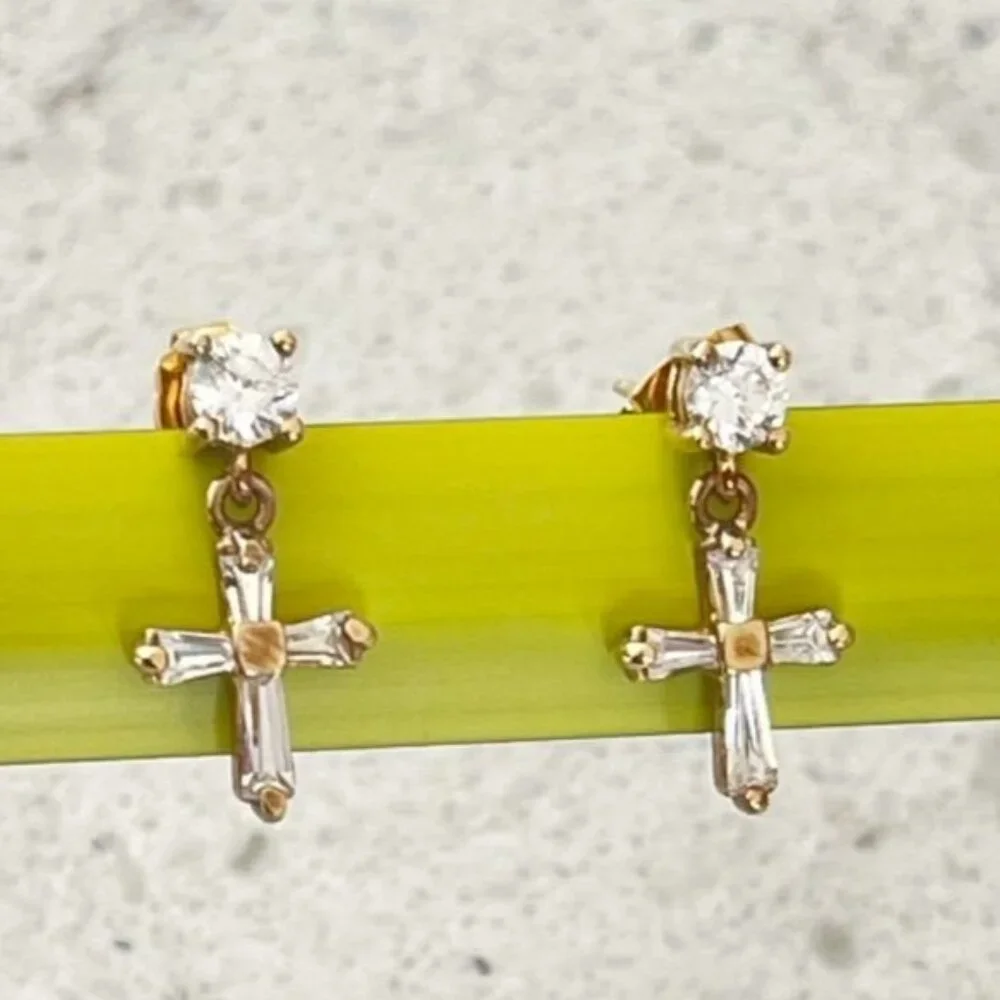 Gold Plated 925 Sterling Silver Cubic Zirconia Cross Drop Earrings - Picture 2 of 3